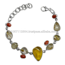 Rutilated Quartz Amber Coral Gemstone &amp; 925 Sterling Silver Designer Party Wear Bracelet